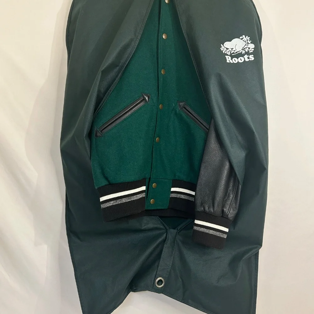 Roots Green Varsity‎ Jacket Sz S Wool Varsity Monogram Sleeve Logo Jacket